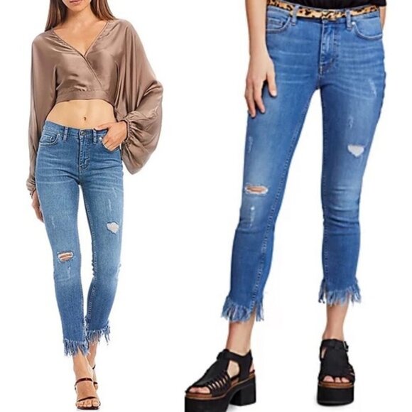 Free People Raw Hem Fringe High Rise Denim Blue Jeans Great Heights Size 27 Boho - Picture 14 of 14